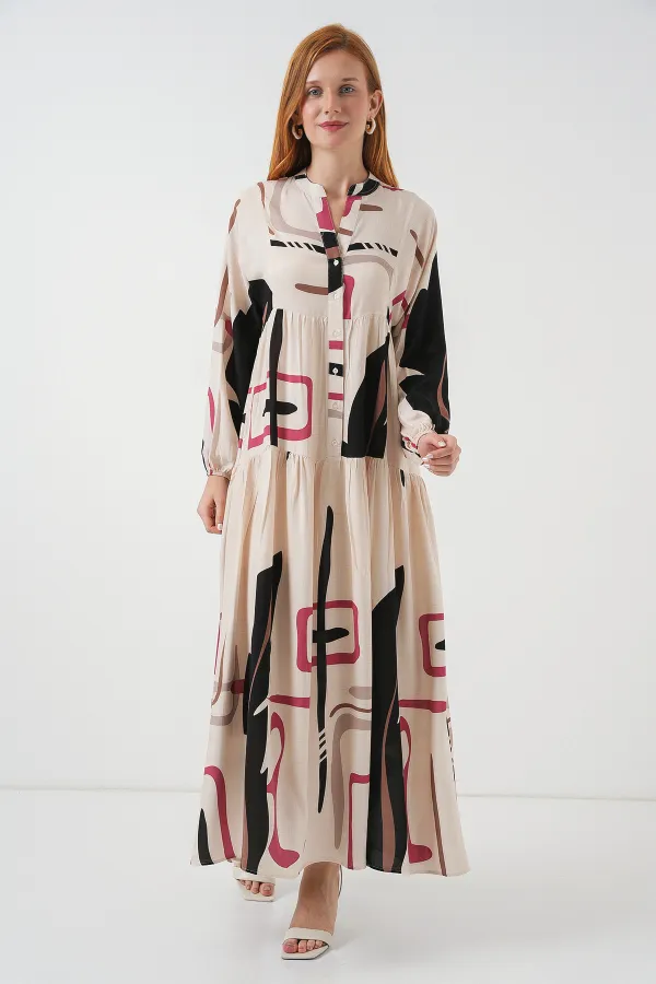 Kadın Desenli Uzun Tesettür Elbise 2585 - C.Krem