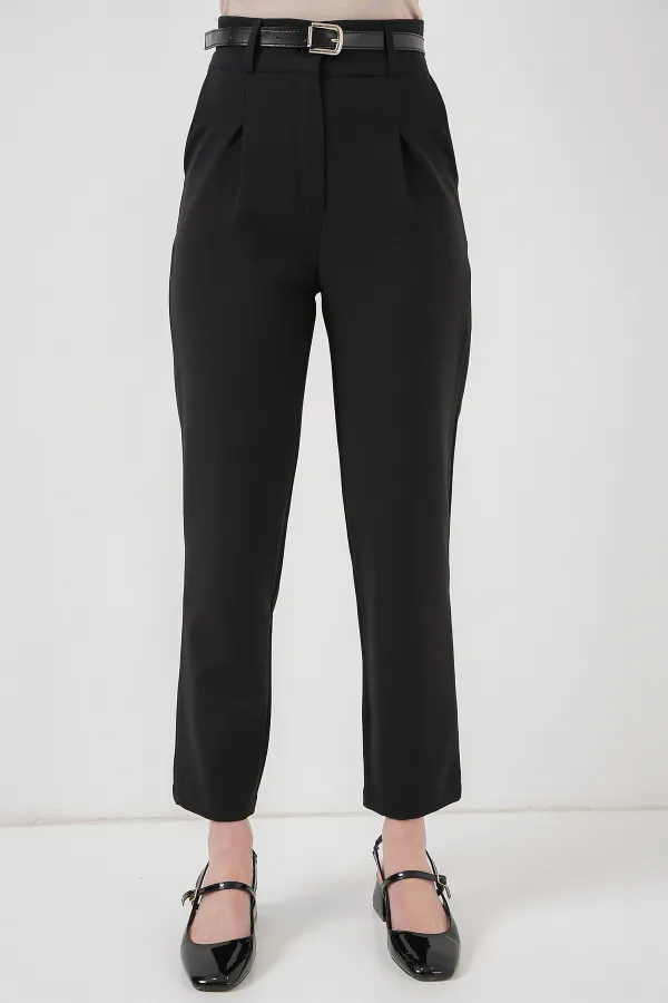 Kadın Pileli Kemerli Kumaş Pantolon 6725 - Siyah