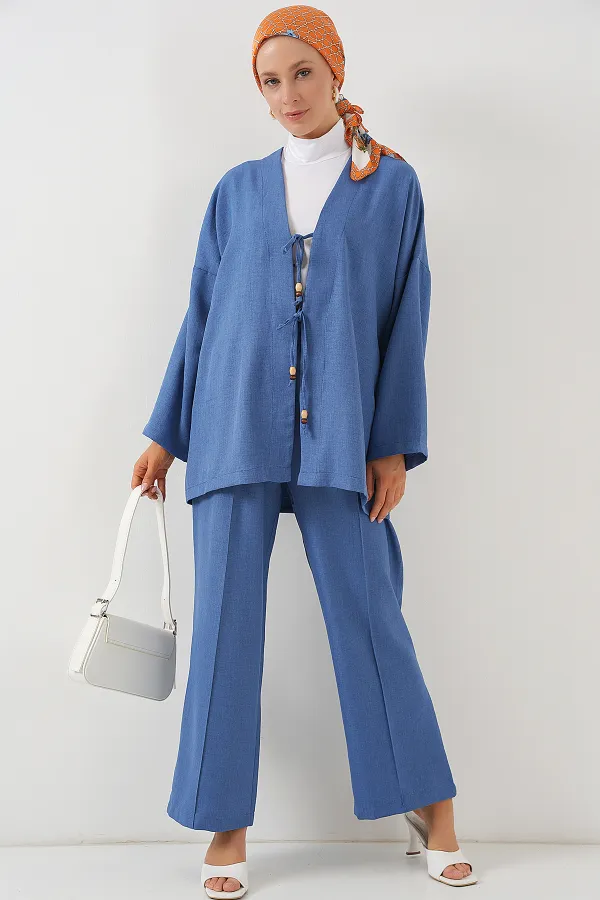 Kimono deux pièces en lin pour femme 6727 - Indigo