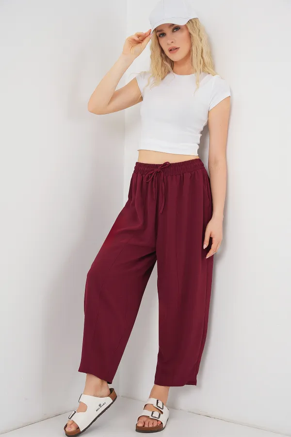 6591 Dokuma Şalvar Pantolon - Bordo