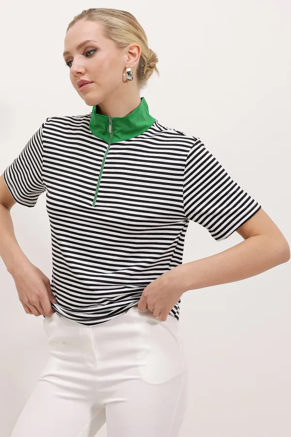 Women's Green Polo Collar Zippered Striped T-Shirt 0497