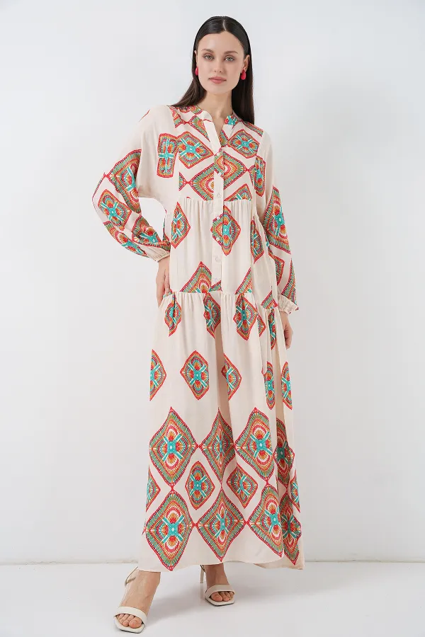 Robe longue hijab à motifs pour femme 2585 - Beige