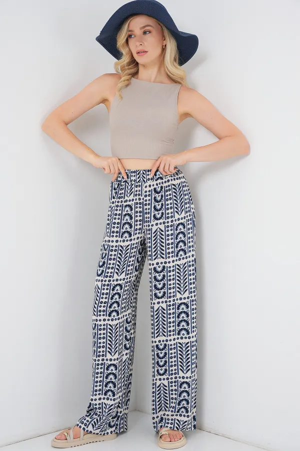 Kadın Desenli Viskon Pantolon 6749 - Krem