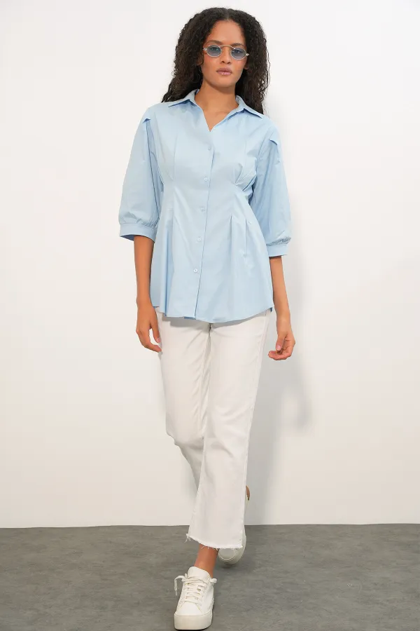 Women's Long Waist-Fitting Shirt 20383 - Blue Women's Long Waist-Fitting Shirt 20383 - Blue
