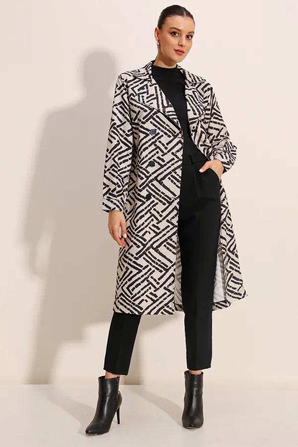 5853 Patterned Double-Breasted Trench Coat - C.White
