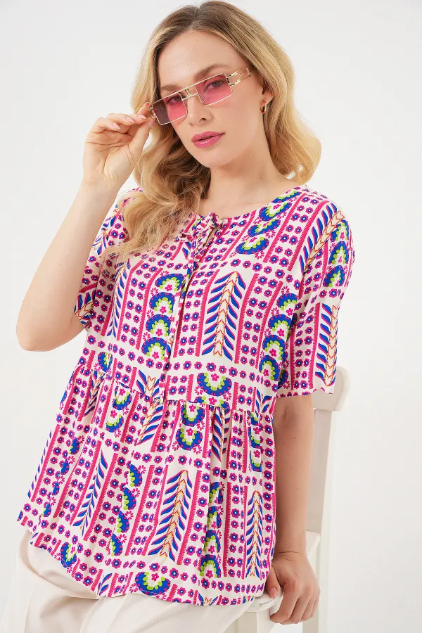 Chemisier à manches courtes à motifs pour femme 969 - Fuchsia