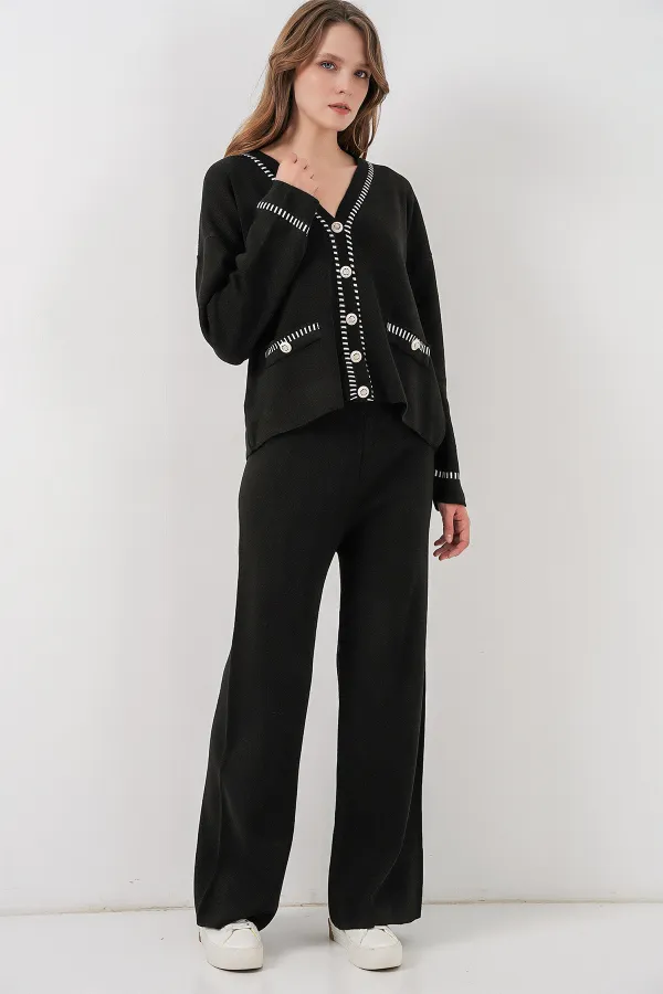 Women's Embroidered Knitwear Cardigan Trousers Two-Piece Suit 15963 - Black