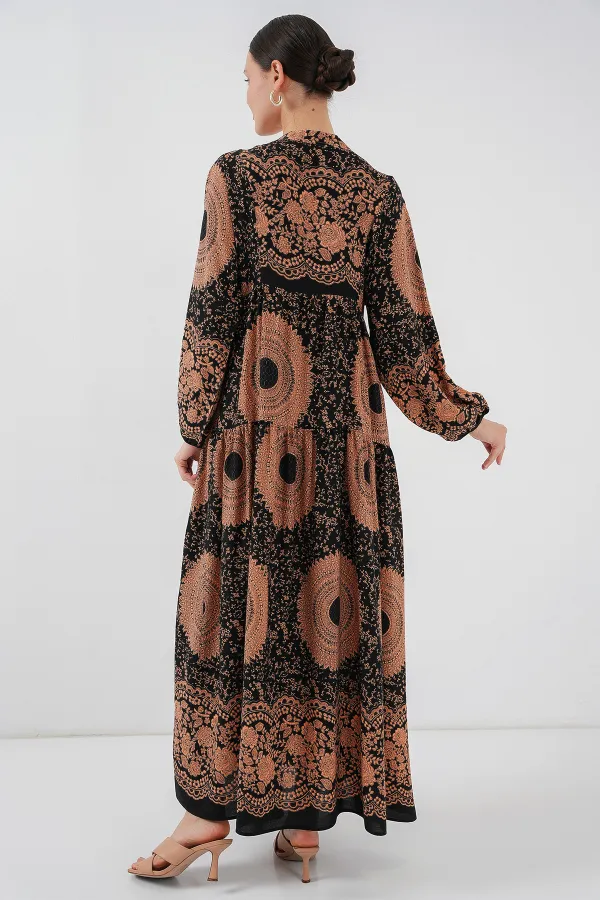 Robe hijab à motifs authentiques 2423 - Noir - Beige