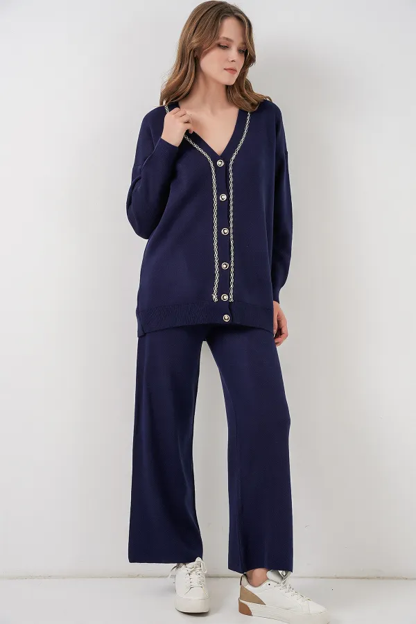 Ensemble deux pièces pour femme, cardigan et pantalon en maille, réf. 15956 - Bleu marine