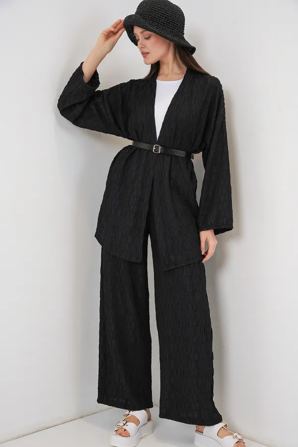 Kadın Kimono Pantolon İkili Takım 30078 - Siyah