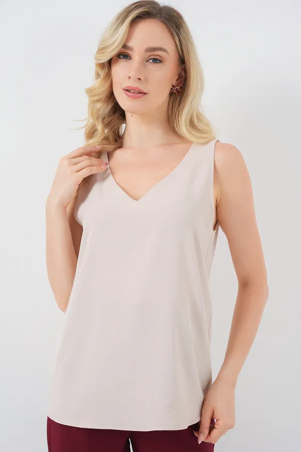 V Yaka Sıfır Kol Bluz 950 - Krem