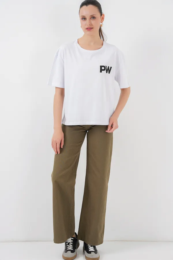 Kadın Baskılı Basic Tişört 4343 - Beyaz