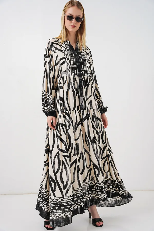 Women's Patterned Long Hijab Dress 2585 - Black 12