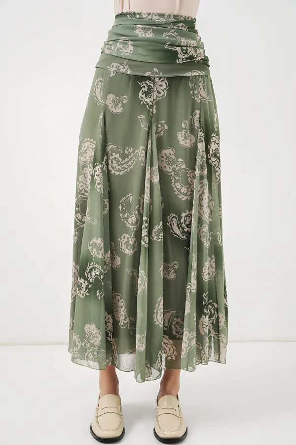 Kadın Desenli Şifon Etek 8057 - E.Yeşil