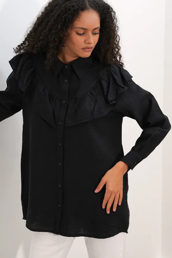 Women's Ruffle Detail Shirt Tunic 5994 - Black Women's Ruffle Detail Shirt Tunic 5994 - Black