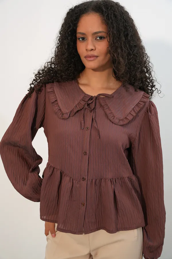 Women's Peter Pan Collar Shirt Blouse 993 - Brown