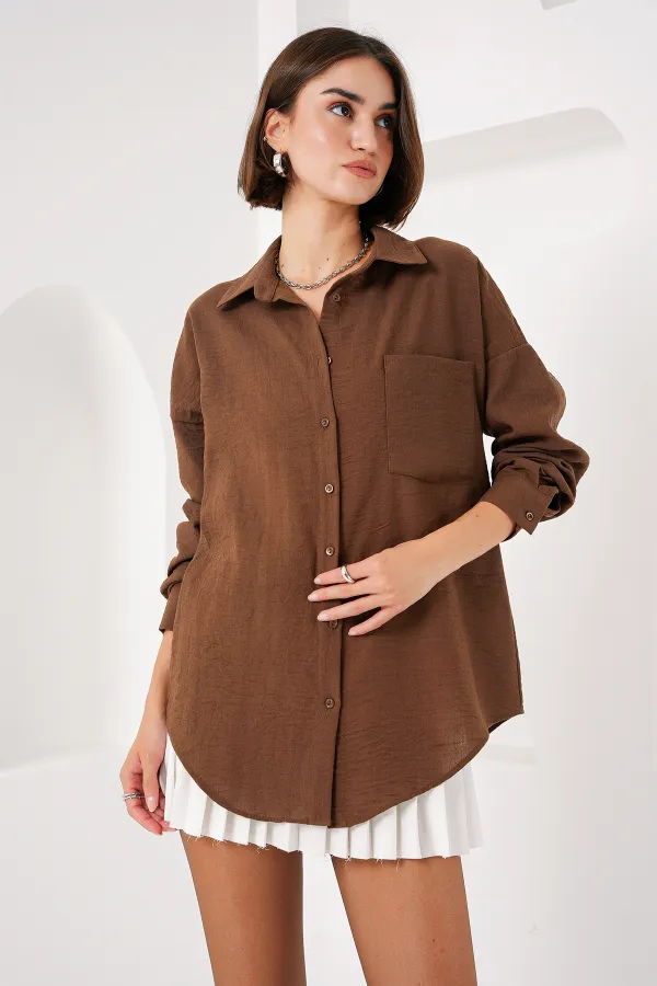Chemise oversize en lin à poche unique 20153 - Marron clair