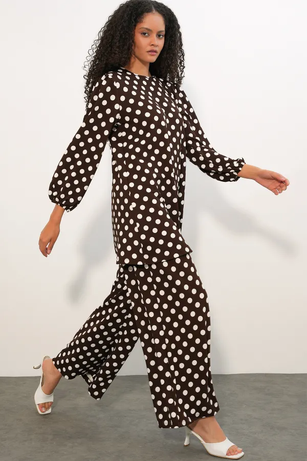 Women's Tunic and Pants Polka Dot Top and Bottom Set 6663 - Dark Brown