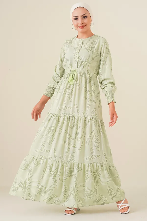 2145 Patterned Hijab Dress - Light Green 2145 Patterned Hijab Dress - Light Green