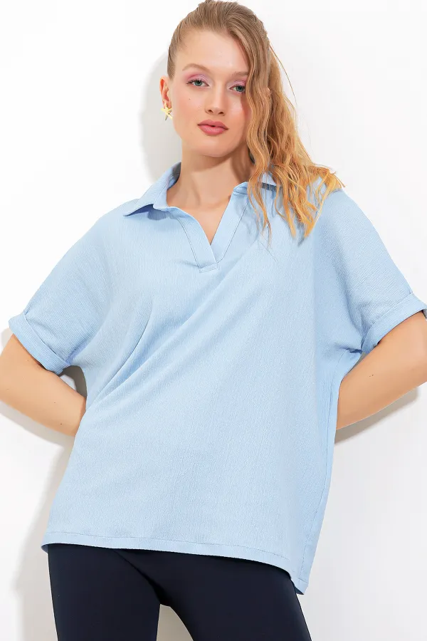 Chemisier en maille bleu oversize à col polo pour femme 0486