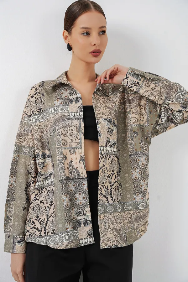 Women's Oversize Patterned Satin Shirt 20365 - Çağla