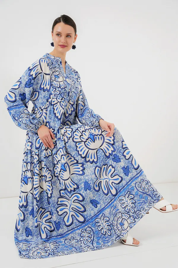 Robe hijab à motifs authentiques 2423 - Bleu foncé