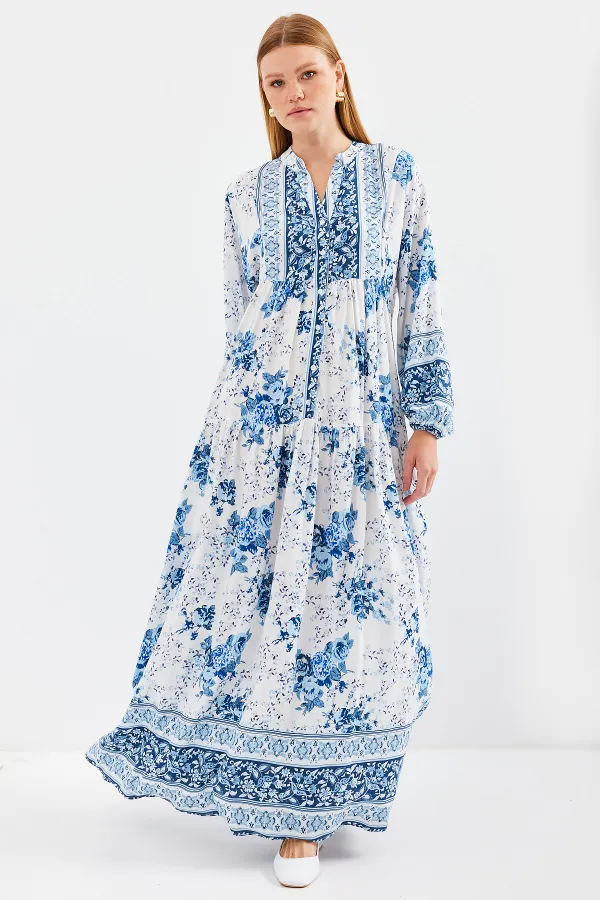 Women's Blue White Viscose Hijab Dress 2423