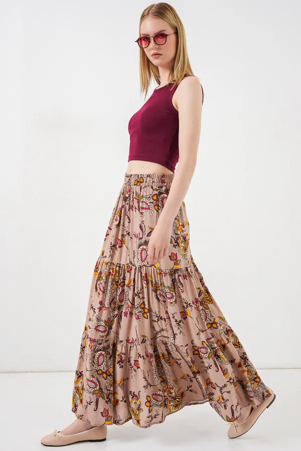 1898 Desenli Uzun Etek - Bej