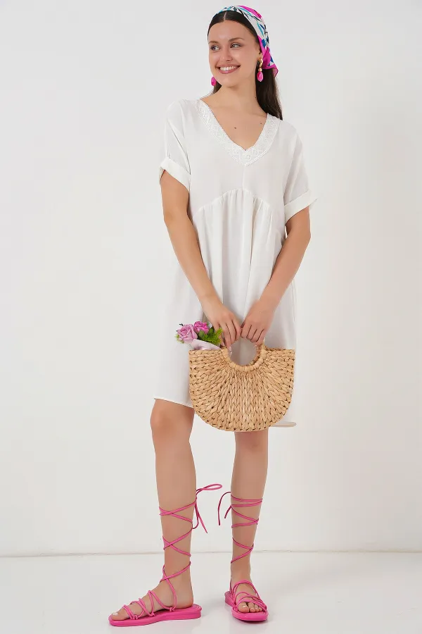 Kadın V Yaka Kısa Kol Elbise 2567 - Beyaz