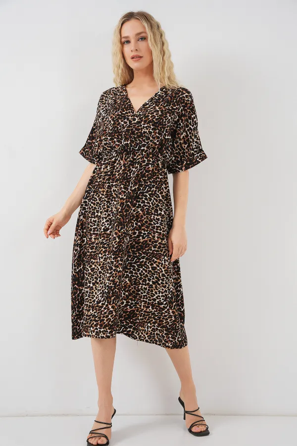 Women's Patterned Short Sleeve Dress 2569 - C. Brown