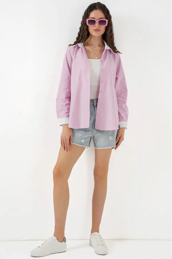 Kadın Çizgili Gömlek 20288 - Pembe