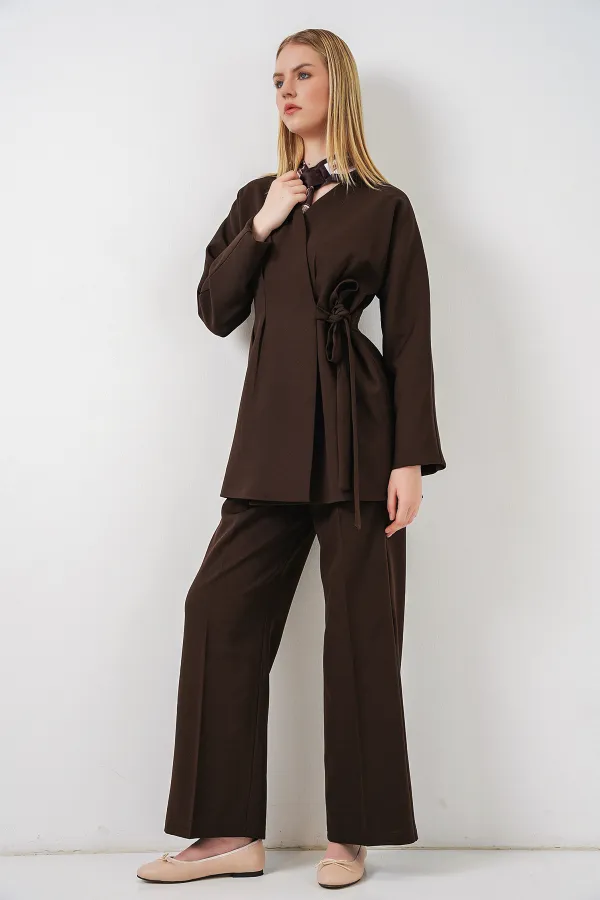 Kadın Yandan Bağlamalı Ceket Pantolon İkili Takım 30099 - Kahverengi