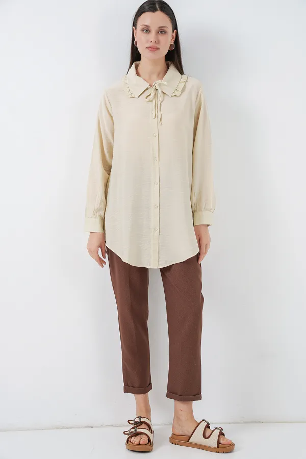 Fırfırlı Uzun Gömlek Tunik 5952 - Ekru