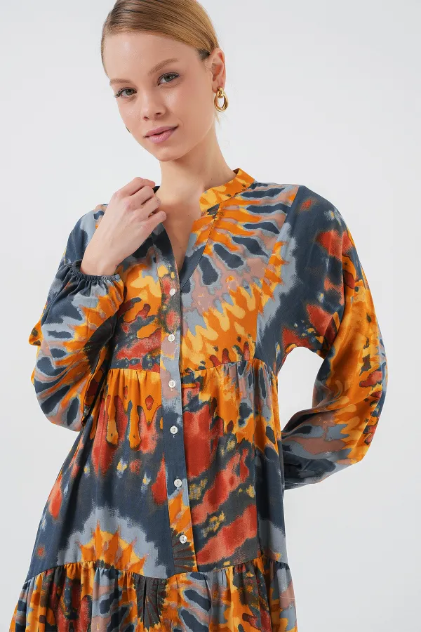 2423 Otantik Desenli Tesettür Elbise - L. Turuncu