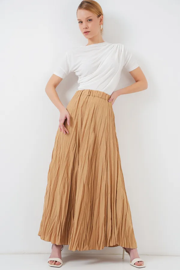 Jupe longue froissée pour femme 8042 - Biscuit