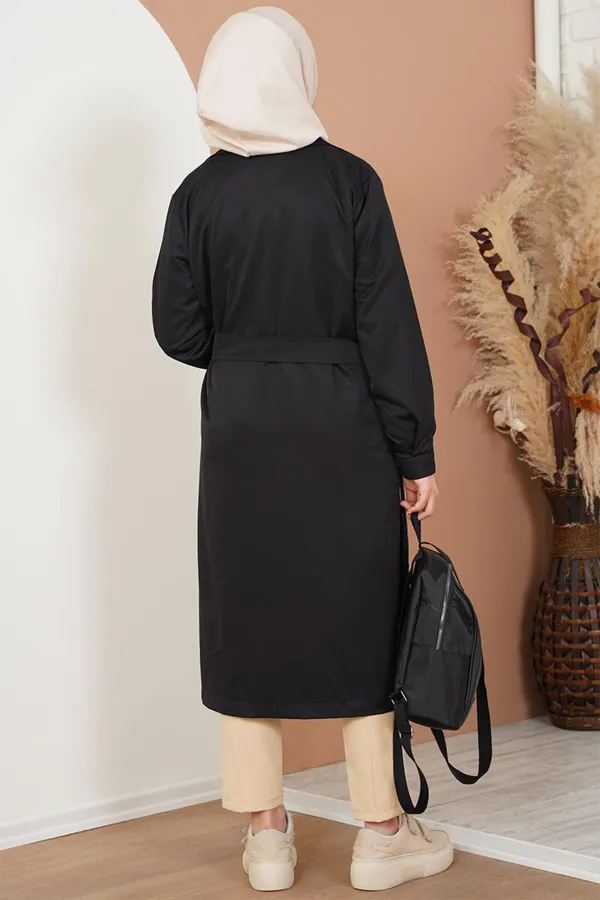 T5853 Double-Breasted Hijab Trench Coat - Black T5853 Double-Breasted Hijab Trench Coat - Black