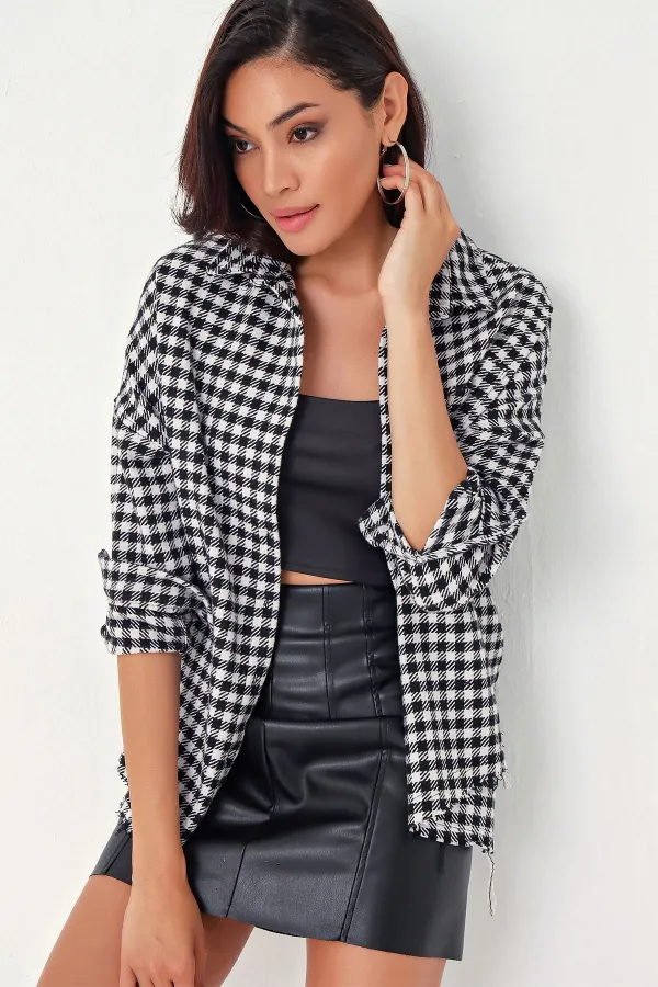 Kadın Ekose Desen Oversize Oduncu Gömlek 3854 - Siyah - Beyaz