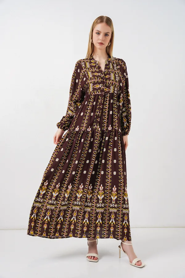 Kadın Desenli Uzun Tesettür Elbise 2585 - Düz Kahverengi