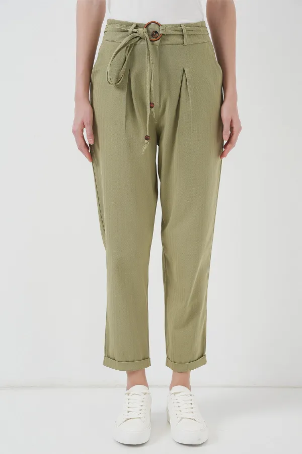 6660 Kemerli Keten Pantolon - Haki