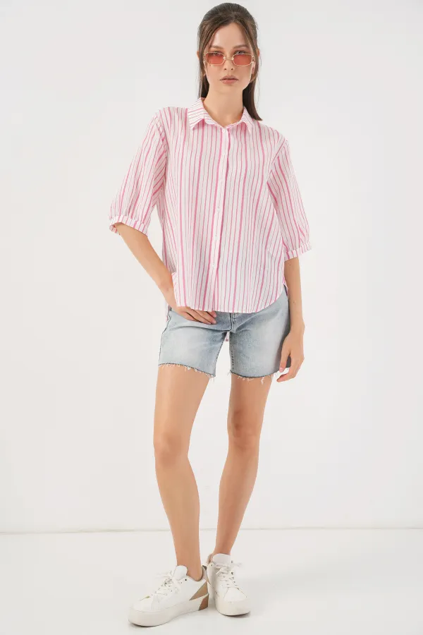 Kadın Çizgili Kısa Kol Gömlek 20345 - Pudra