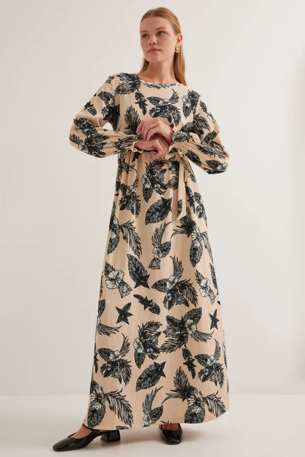 Women's Anthracite Cream Patterned Knitted Hijab Dress 1525