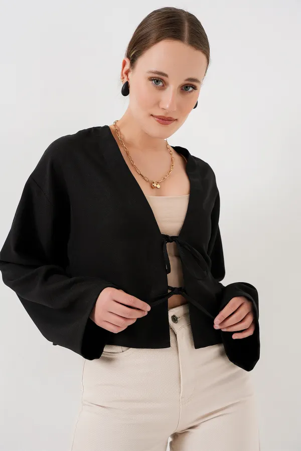 Kimono en lin noué sur le devant 960 - Noir