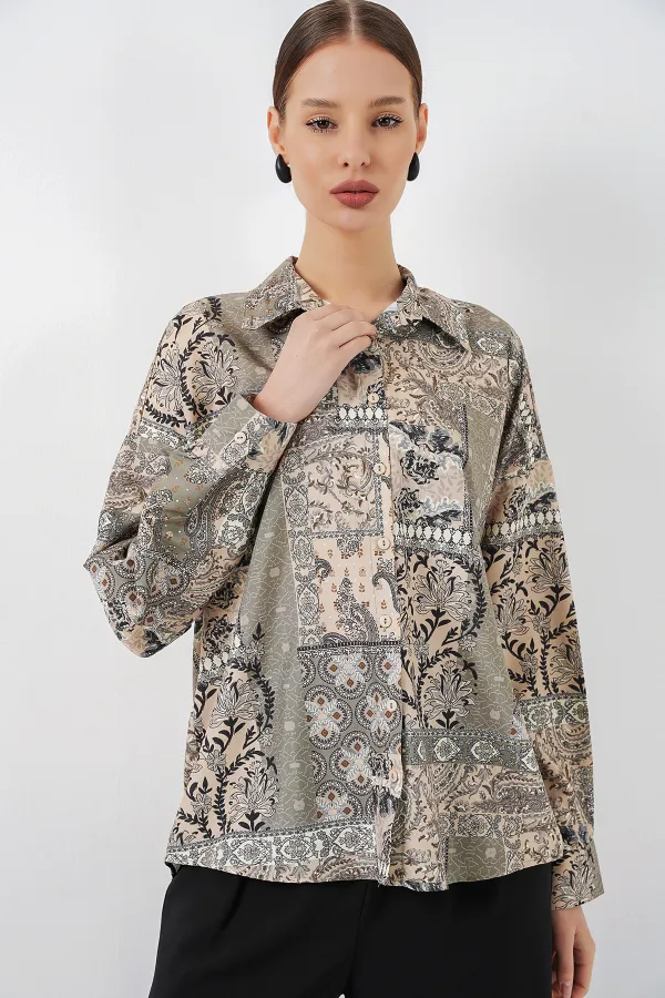 Women's Oversize Patterned Satin Shirt 20365 - Çağla
