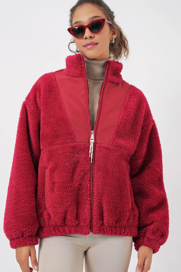 5194 Women's Plush Coat Jacket - Light Claret Red