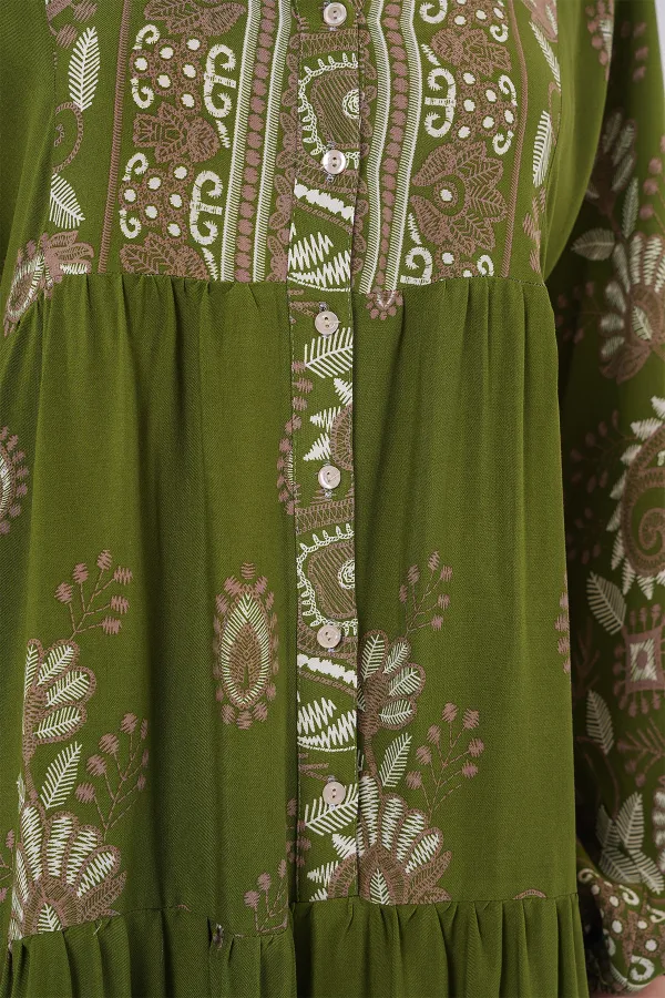 2423 Otantik Desenli Tesettür Elbise - D.Haki