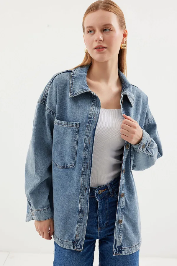 0694 Double Pocket Oversize Denim Jacket - Ice Blue