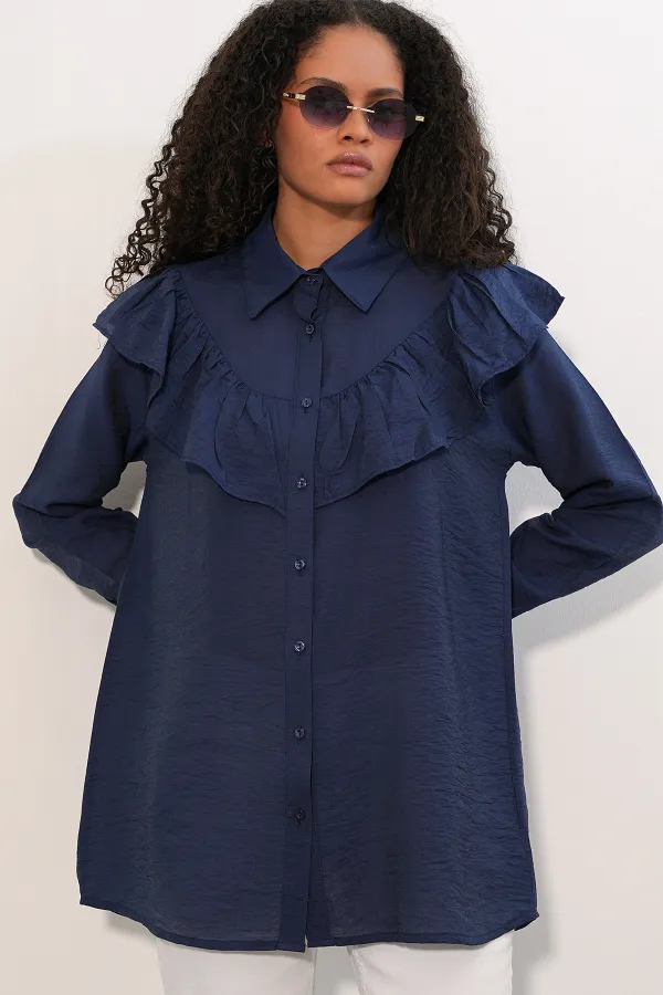 Women's Ruffle Detail Shirt Tunic 5994 - Navy Blue Women's Ruffle Detail Shirt Tunic 5994 - Navy Blue