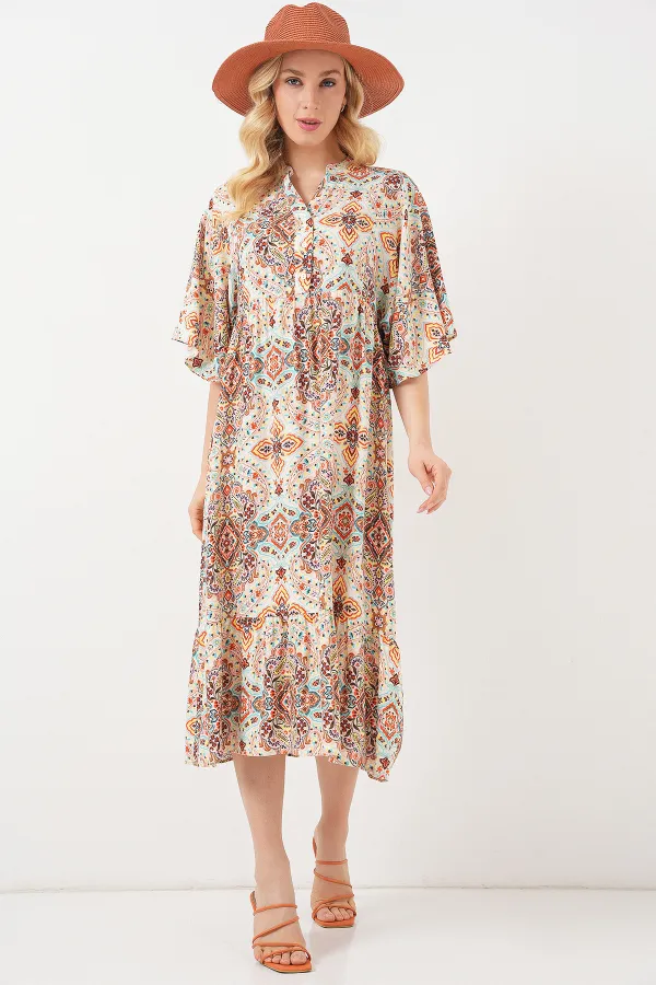 Women's Patterned Short-Sleeve Dress 2562 - Brown