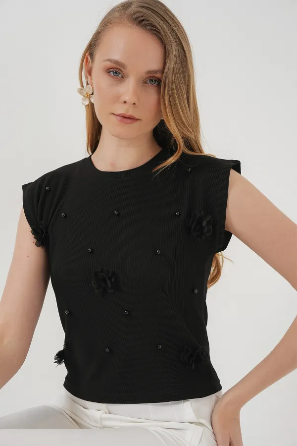 929 Short Sleeve Knitted Blouse - Black