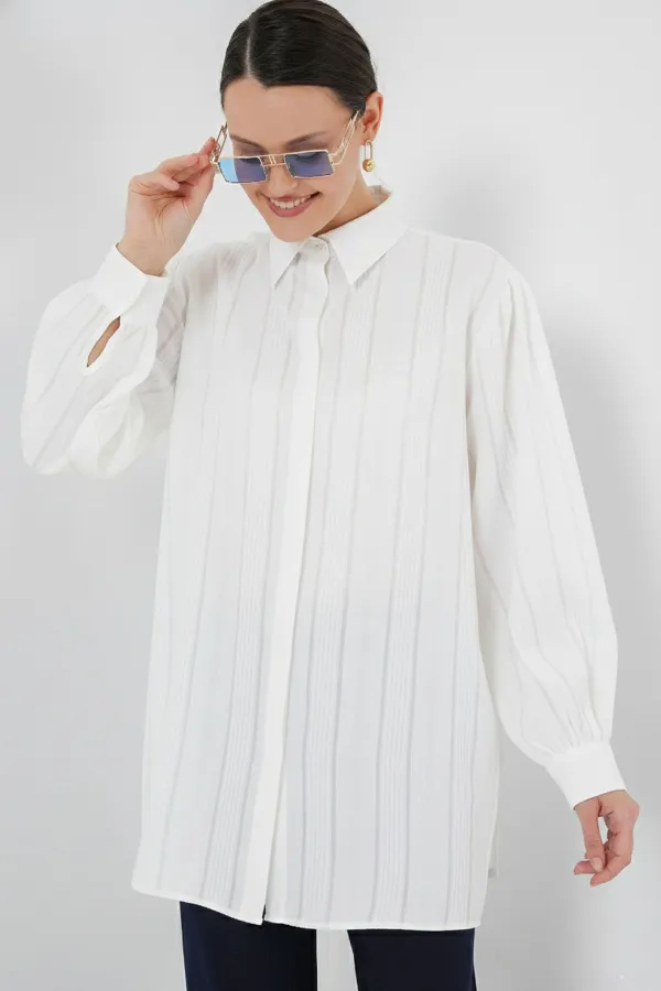 Çizgili Uzun Gömlek Tunik 5947 - Beyaz